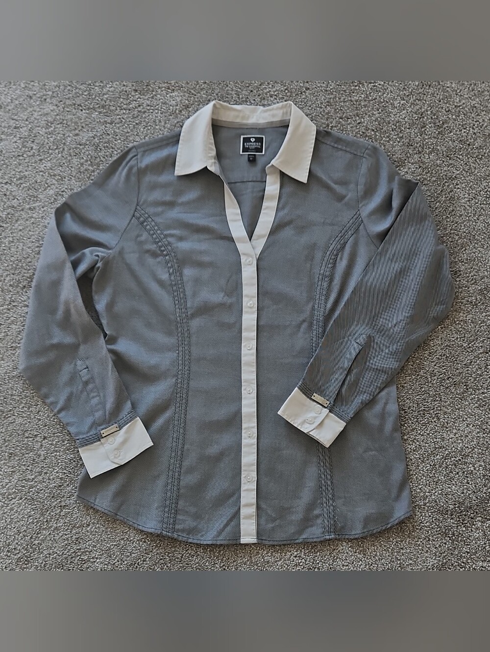 Express Gray White Striped Woven Collared Long Sleeve Button-Up Blouse L